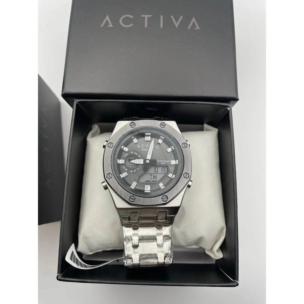 Activa Dual Time Mens Watch ACWM303-005 Silver Steel Octagon Analog Digital New